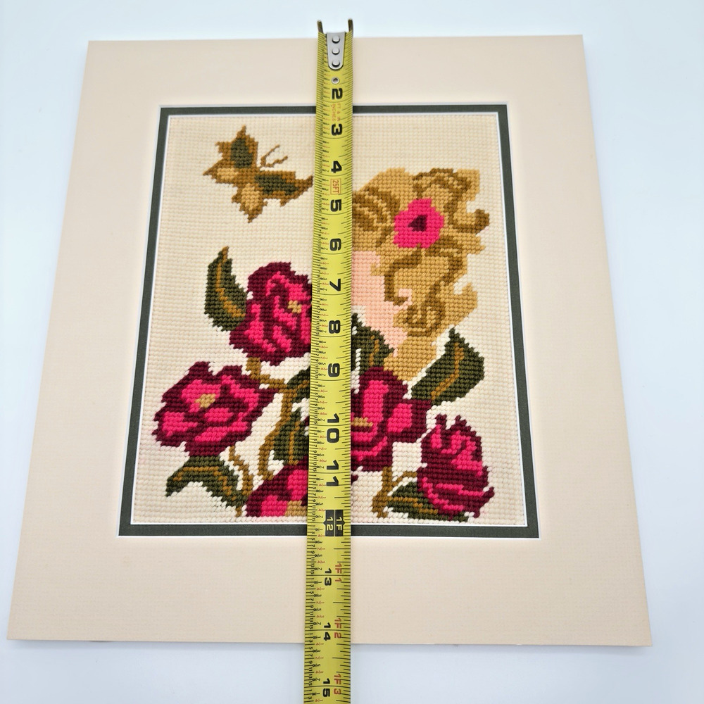 Vintage Completed Needlepoint Wall Art Flowers Girl 1970s Matted 12.5"x 14.25" - Picture 6 of 8